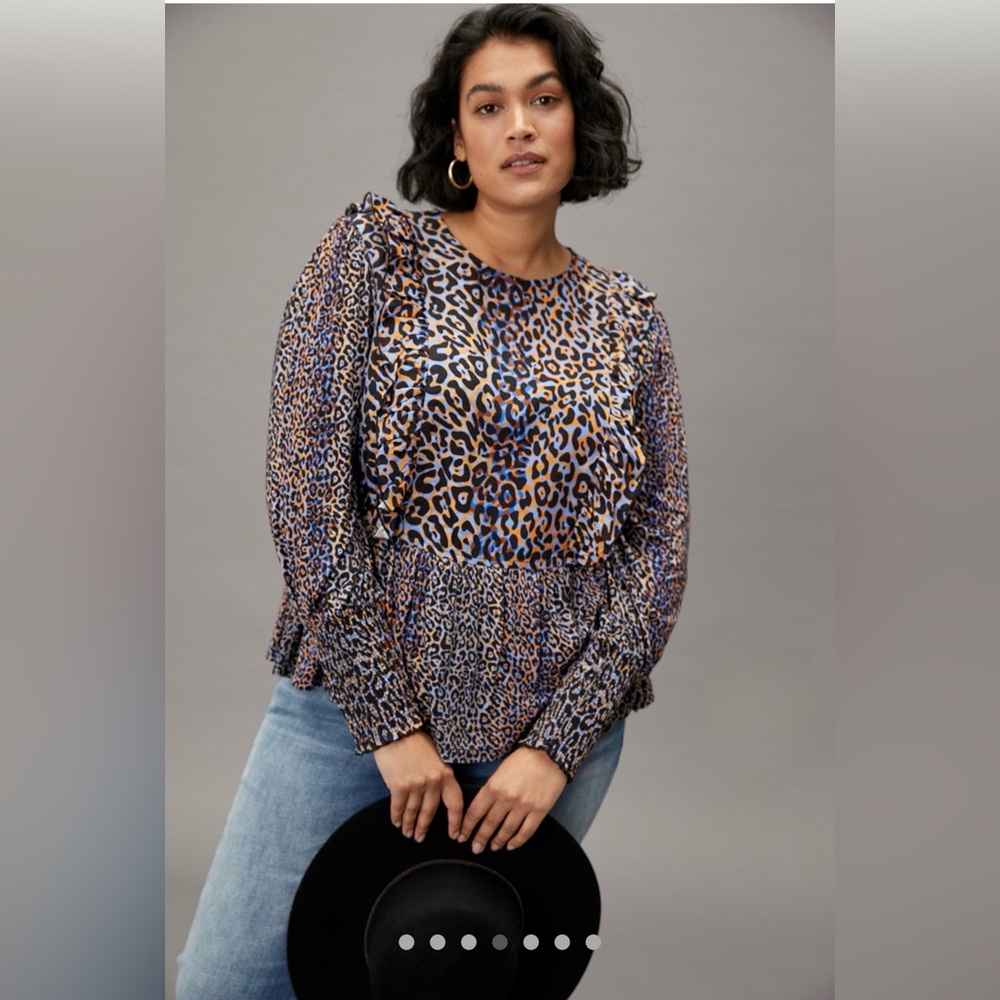 Anthropologie Bl-nk Moira Ruffles Peplum Women's Top XL Leopard